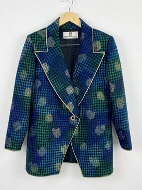 VTG Christian Ruperto Milano Quilted Metallic Gold Houndstooth Blazer Jacket M/L